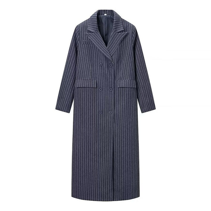 Kvinnors Elegant Randig Trenchcoat med Dubbel Knäppning och Praktiska Fickor Mirla-Eva Jonsson