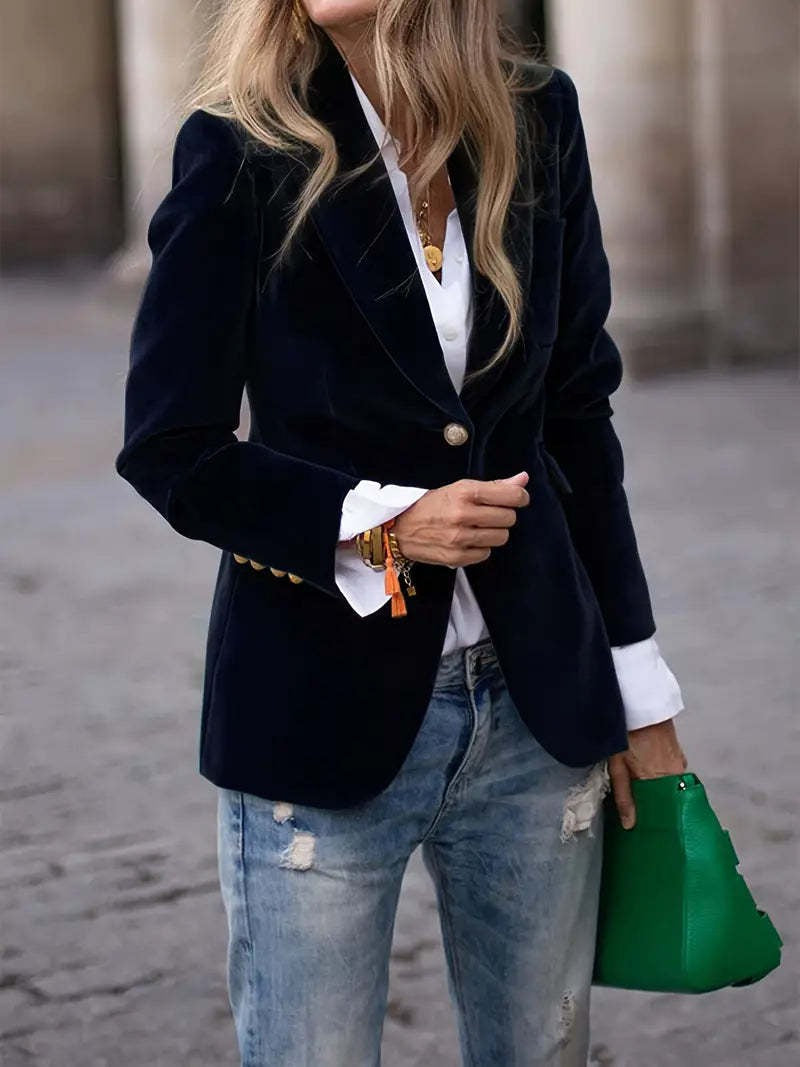 Kvinnors Elegant Sammet Blazer med Skräddarsydd Passform och Guldknappar Mirla-Eva Jonsson