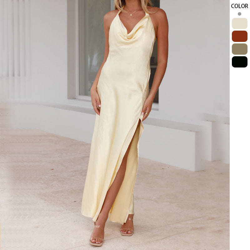 Kvinnors Elegant Satin Maxi Klänning med Djupare Urrigning och Sidsplit Mirla-Eva Jonsson