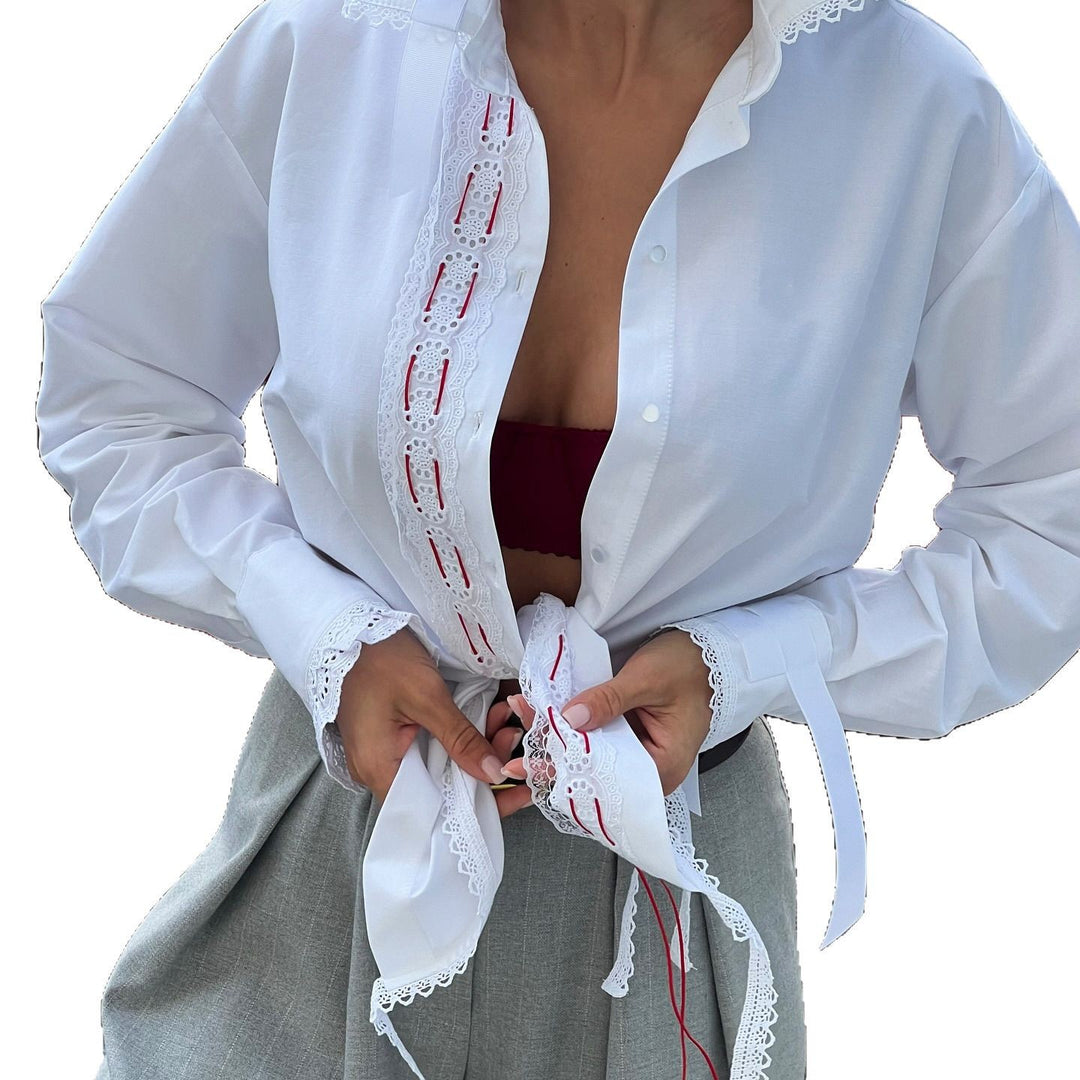 Kvinnors Elegant Skjorta med Spetsdetaljer och Snörning Detalj Mirla-Eva Jonsson