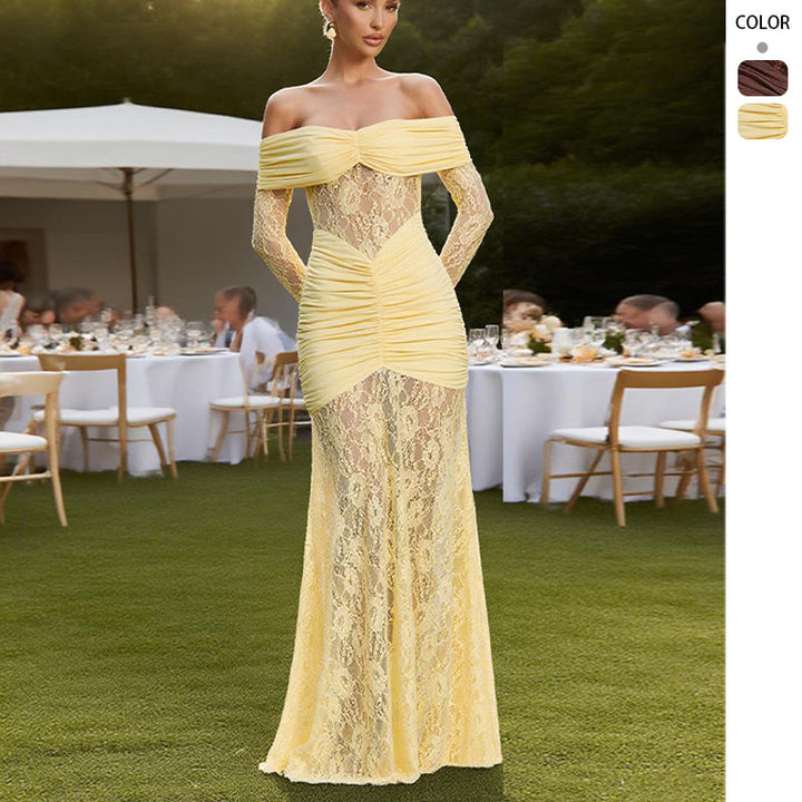 Kvinnors Elegant Spets Kvällsklänning med Off-the-Shoulder Silhuett och Fina Volang Detaljer-Eva Jonsson
