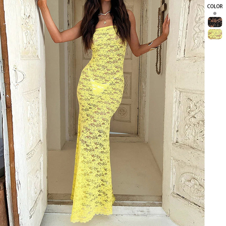 Kvinnors Elegant Spets Maxi Klänning med Figursydd Silhouette och Off-the-Shoulder Design-Eva Jonsson