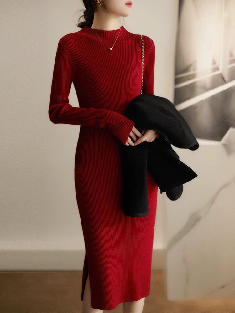 Kvinnors Elegant Stickad Klänning med Hög Krage och Fin Ribbmönster-Eva Jonsson