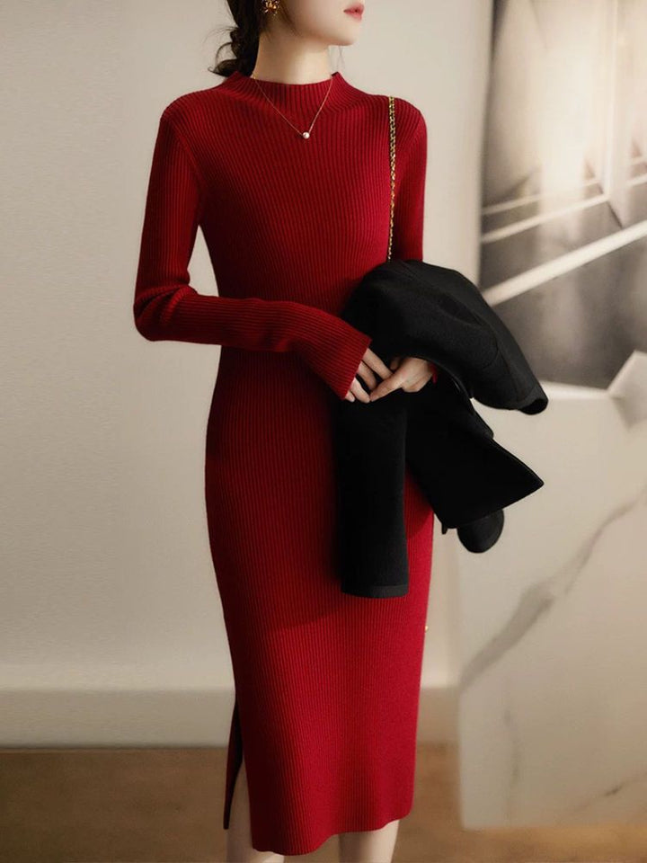 Kvinnors Elegant Stickad Klänning med Hög Krage och Fin Ribbmönster-Eva Jonsson