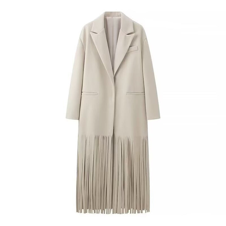 Kvinnors Elegant Trench Coat med Fransdetaljer och Skräddarsydd Passform Mirla-Eva Jonsson