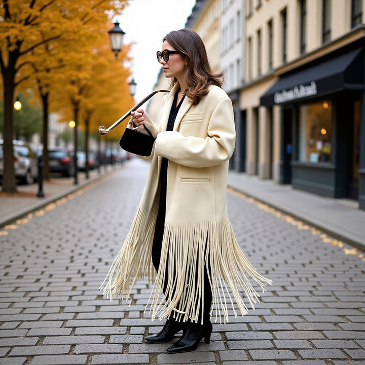 Kvinnors Elegant Trench Coat med Fransdetaljer och Skräddarsydd Passform Mirla-Eva Jonsson