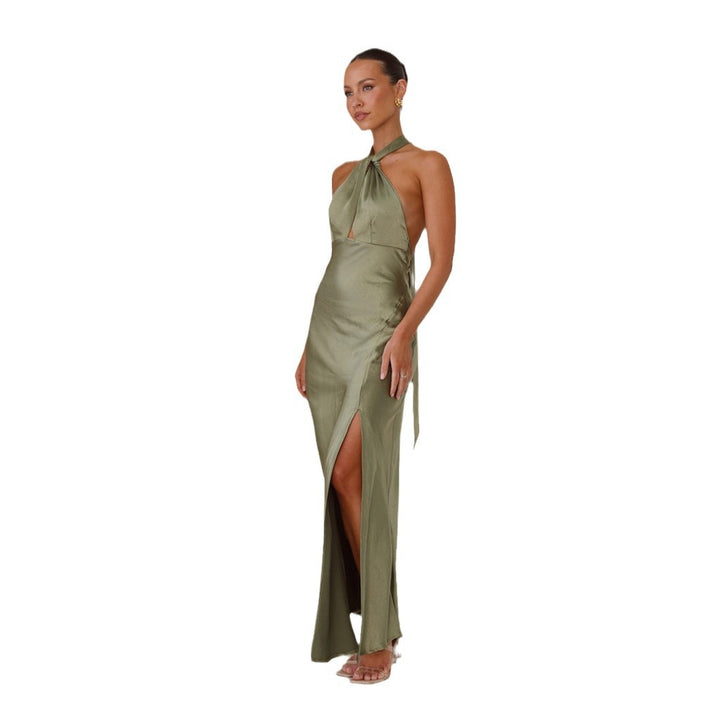 Kvinnors Elegant Wrap Maxi Klänning i Halterneck Stil med Sidoklyfta och Midjebälte-Eva Jonsson