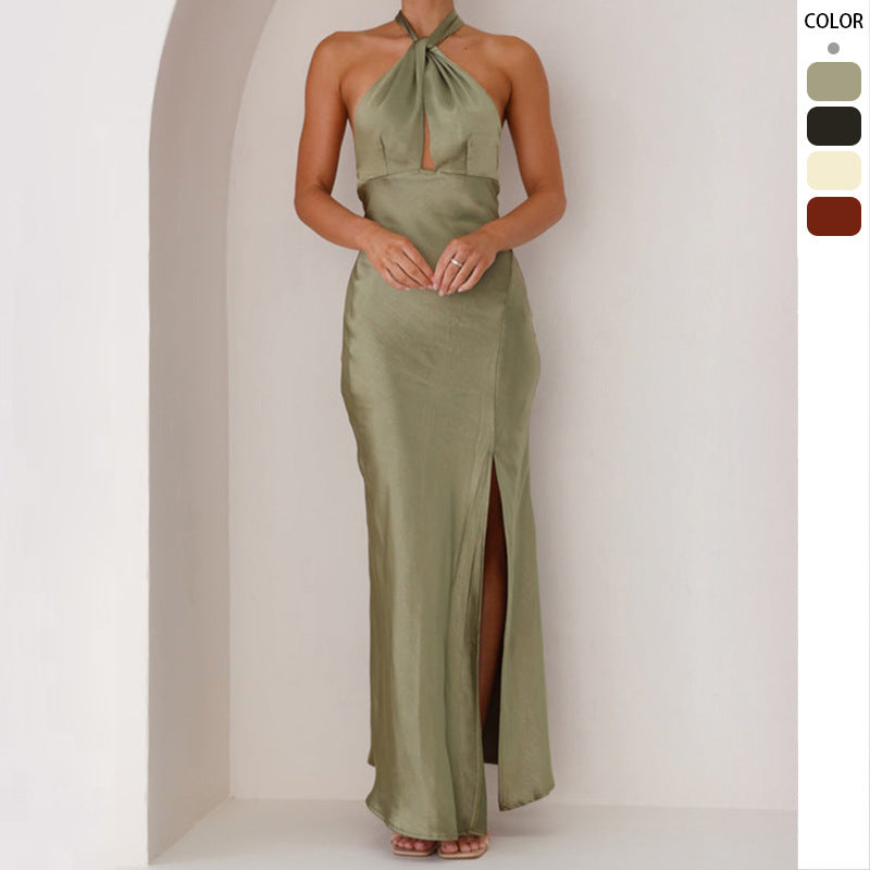 Kvinnors Elegant Wrap Maxi Klänning i Halterneck Stil med Sidoklyfta och Midjebälte-Eva Jonsson