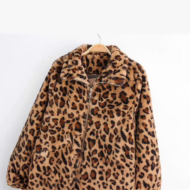 Kvinnors Fluffig Leopardtryck Jacka med Dragkedja Mirla-Eva Jonsson
