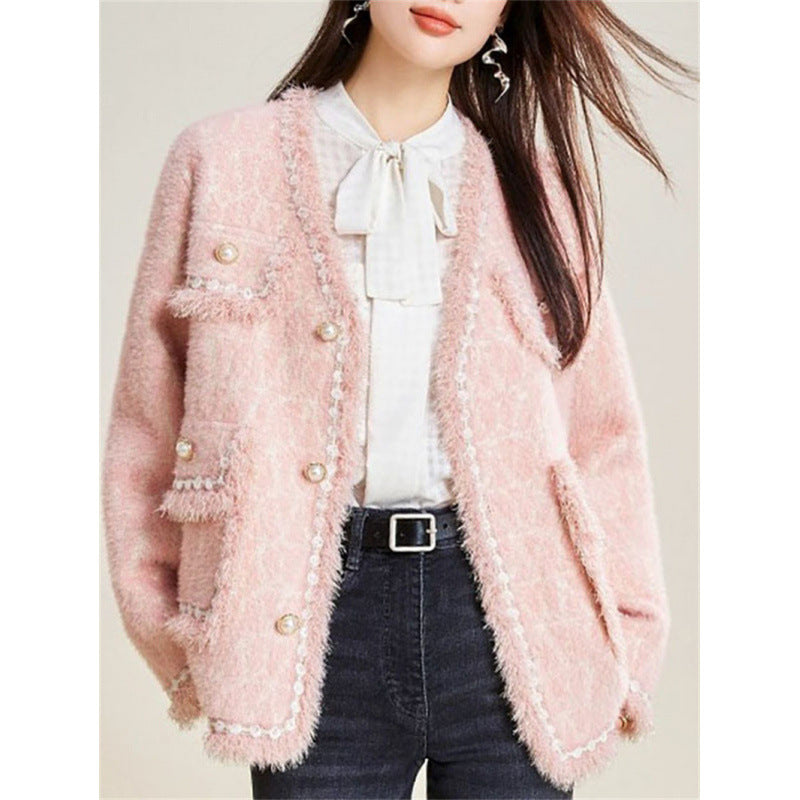Kvinnors Fluffy Cardigan med Eleganta Knappar och Dekorativ Kant Mirla-Eva Jonsson