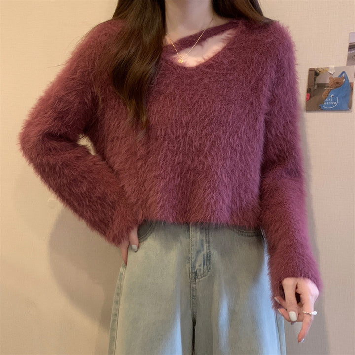 Kvinnors Fluffy Cropped Tröja med Mjuk Stickad Mönster Mirla-Eva Jonsson