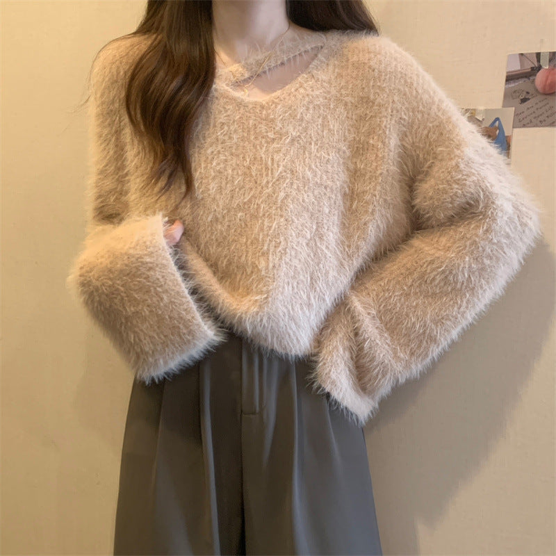 Kvinnors Fluffy Cropped Tröja med Mjuk Stickad Mönster Mirla-Eva Jonsson