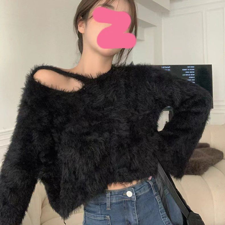 Kvinnors Fluffy Cropped Tröja med Mjuk Stickad Mönster Mirla-Eva Jonsson
