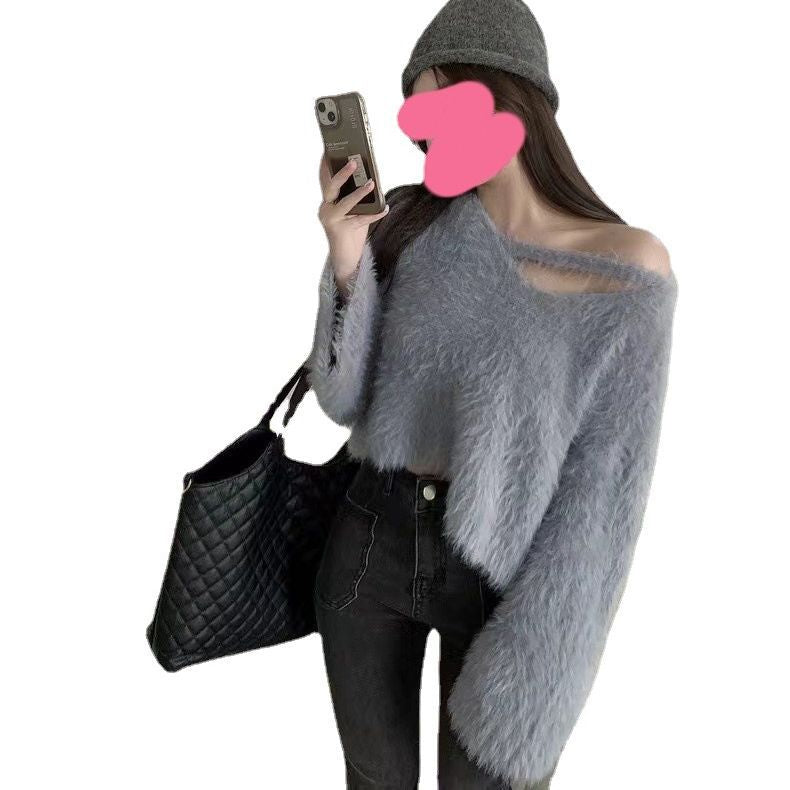 Kvinnors Fluffy Cropped Tröja med Mjuk Stickad Mönster Mirla-Eva Jonsson