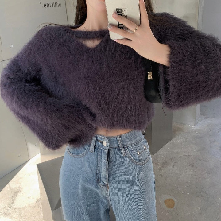Kvinnors Fluffy Cropped Tröja med Mjuk Stickad Mönster Mirla-Eva Jonsson