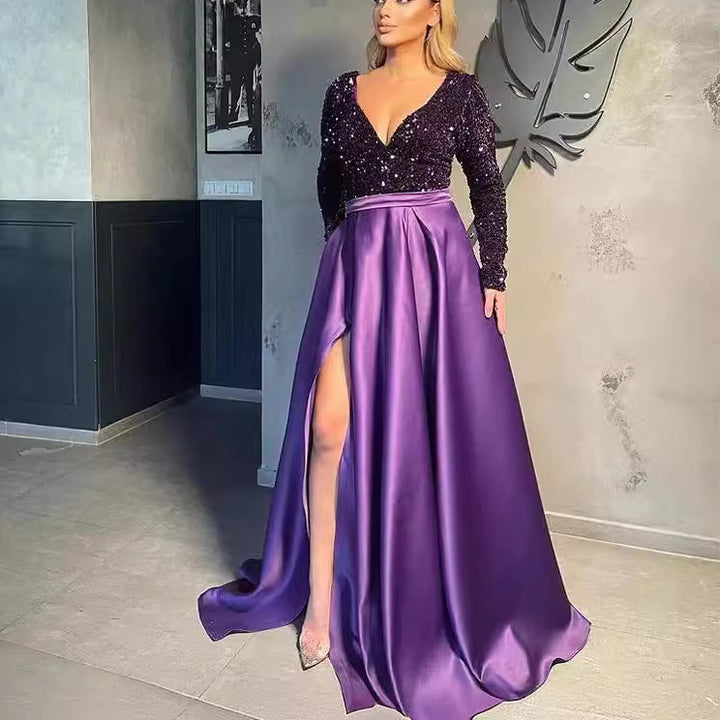 Kvinnors Glamorösa Aftonklänning med Glittrande Pärlor och Hög Slits-Eva Jonsson