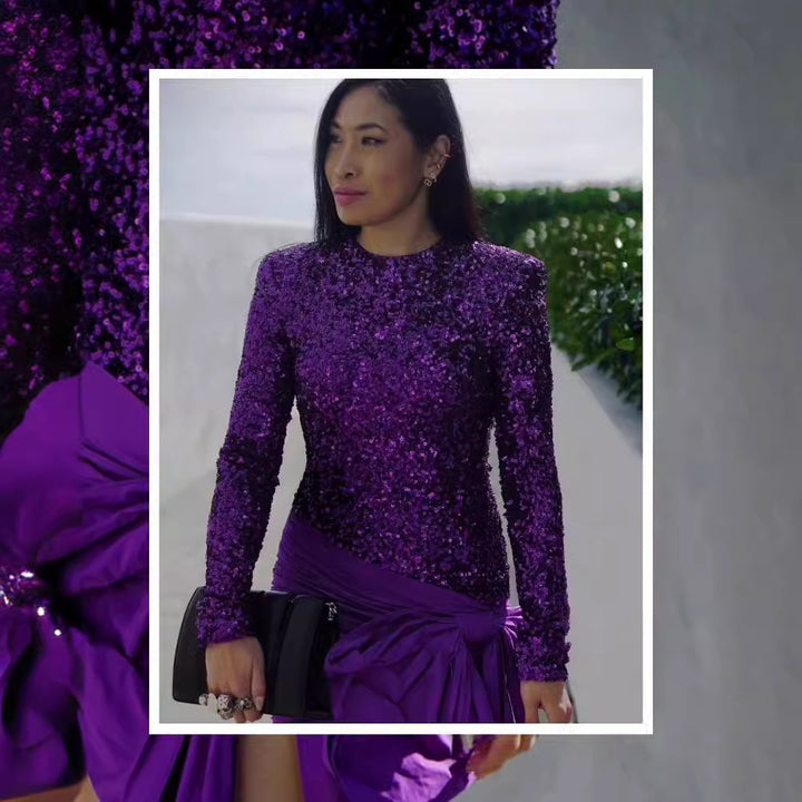 Kvinnors Glamorous Kortärmad Klänning med Glittrande Paljetter och Draperade Volanger-Eva Jonsson