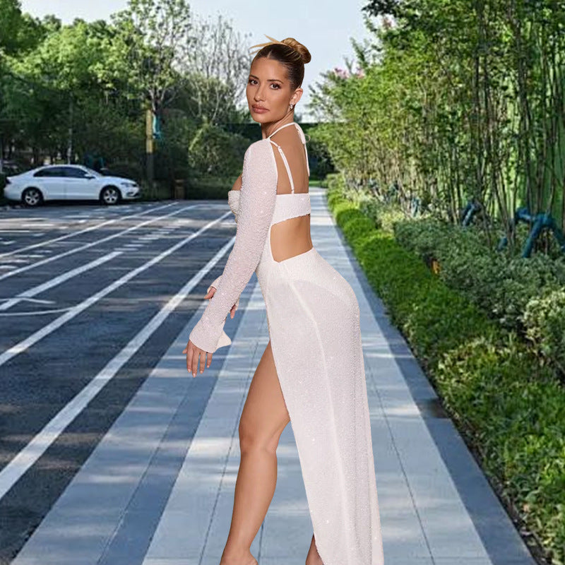 Kvinnors Glamorous Maxi Klänning med Glittrande Detaljer och Sidslits Mirla-Eva Jonsson