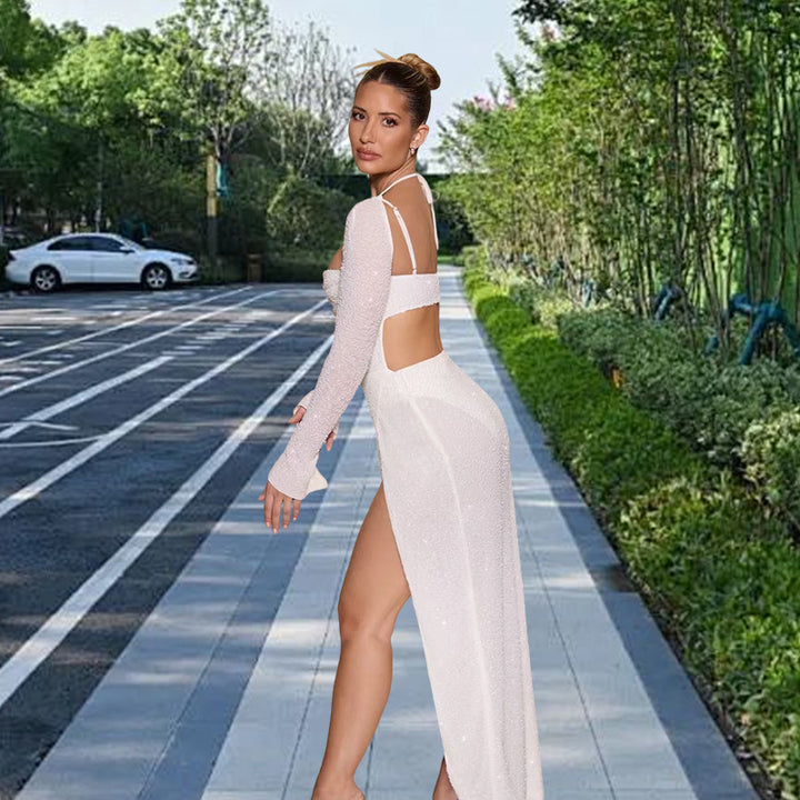 Kvinnors Glamorous Maxi Klänning med Glittrande Detaljer och Sidslits Mirla-Eva Jonsson