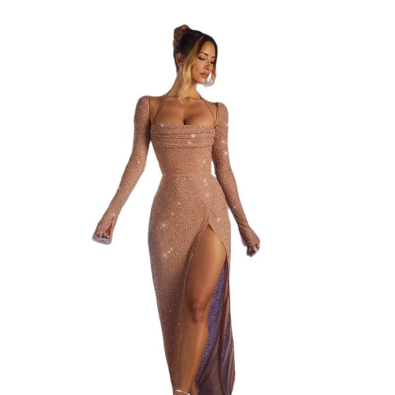 Kvinnors Glamorous Maxi Klänning med Glittrande Detaljer och Sidslits Mirla-Eva Jonsson