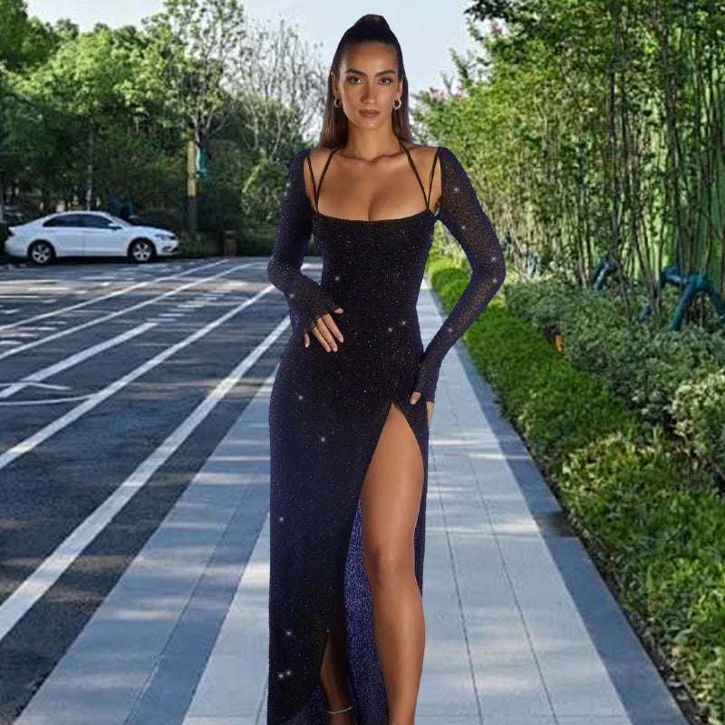 Kvinnors Glamorous Maxi Klänning med Glittrande Detaljer och Sidslits Mirla-Eva Jonsson