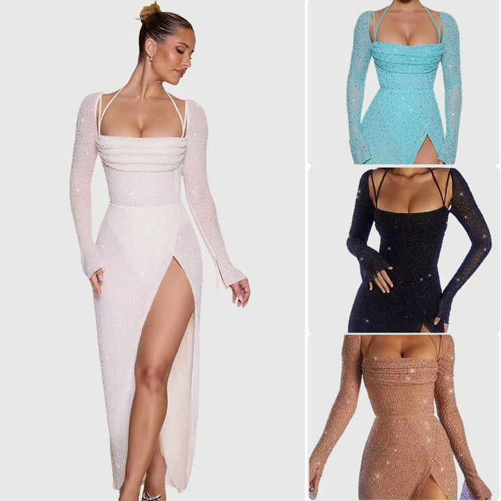 Kvinnors Glamorous Maxi Klänning med Glittrande Detaljer och Sidslits Mirla-Eva Jonsson