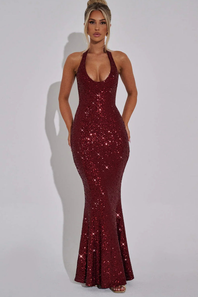 Kvinnors Glamorous Paljetter Maxi Klänning med Djup V-Hals och Slim Fit-Eva Jonsson