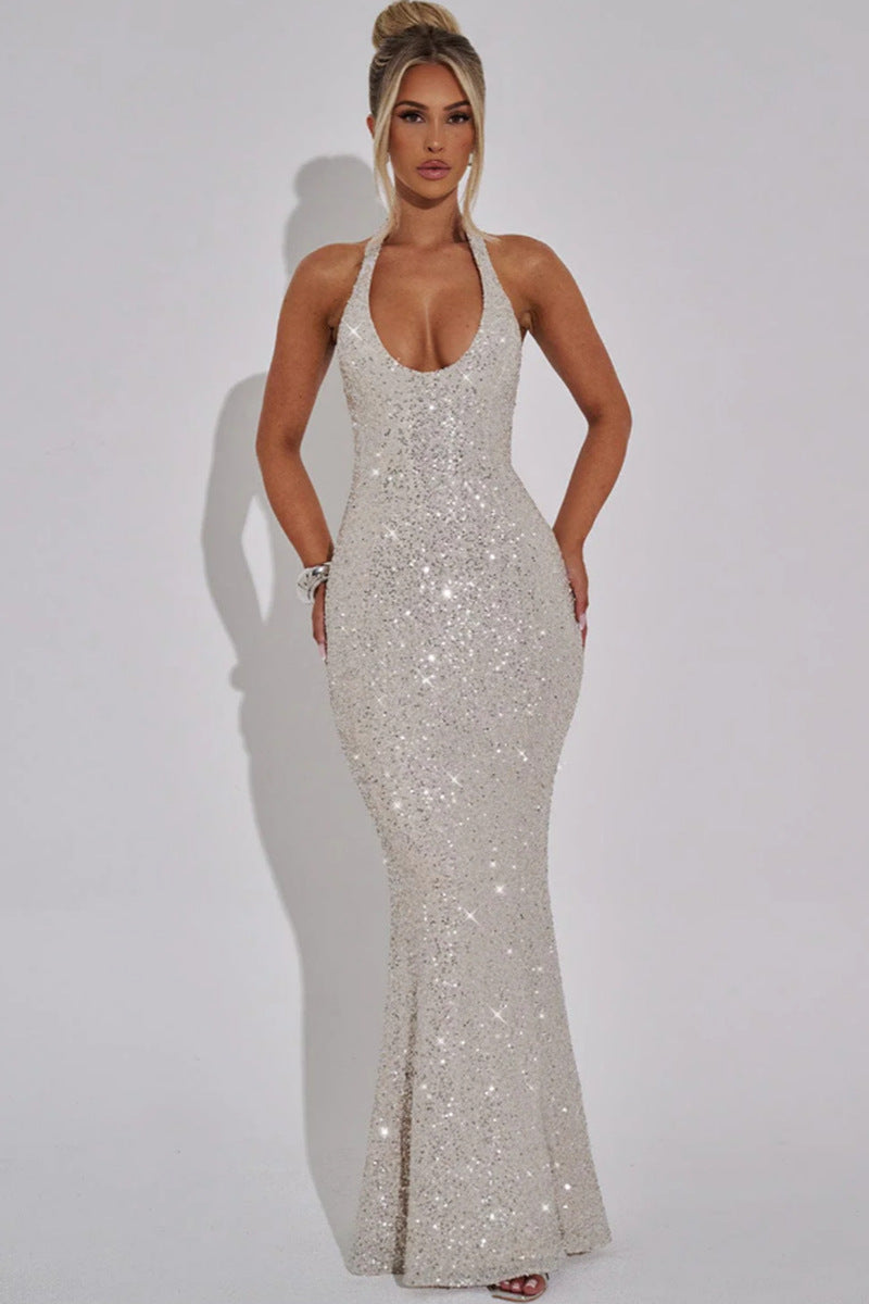 Kvinnors Glamorous Paljetter Maxi Klänning med Djup V-Hals och Slim Fit-Eva Jonsson