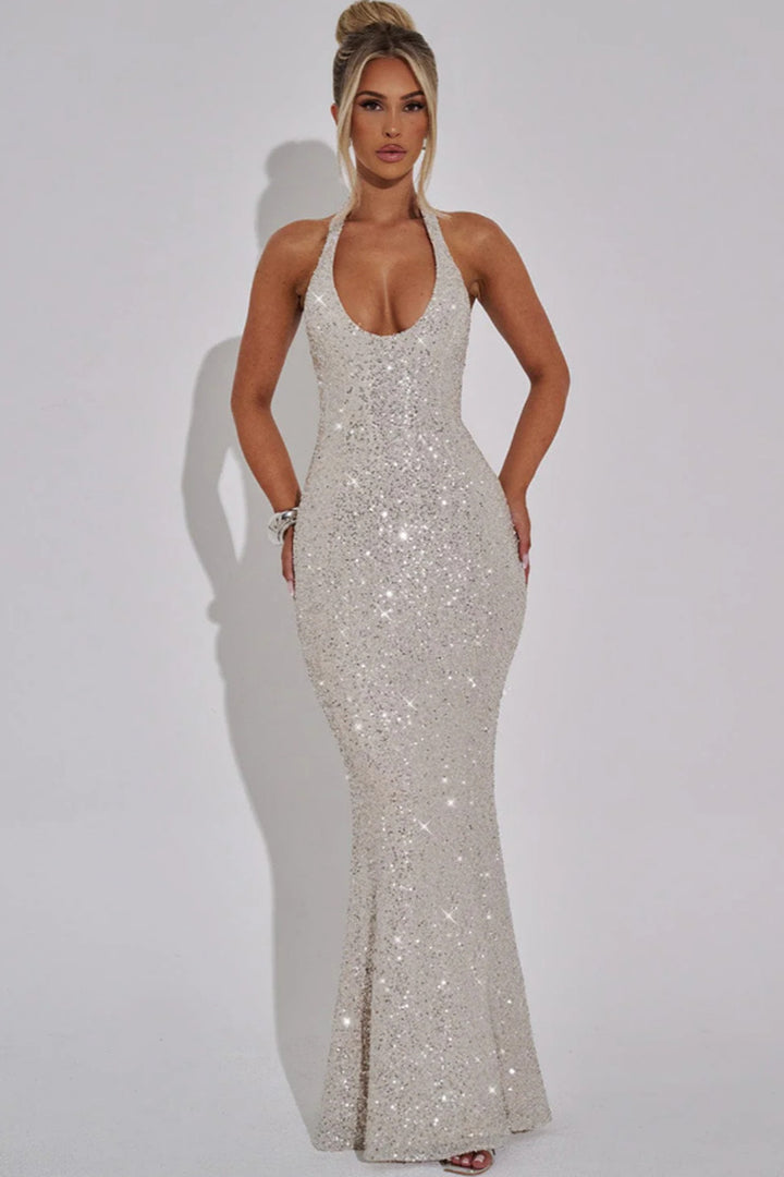 Kvinnors Glamorous Paljetter Maxi Klänning med Djup V-Hals och Slim Fit-Eva Jonsson