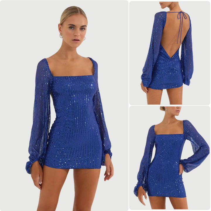 Kvinnors Glamorous Paljettklänning med Transparenta Ärmar och Figurformande Snitt-Eva Jonsson