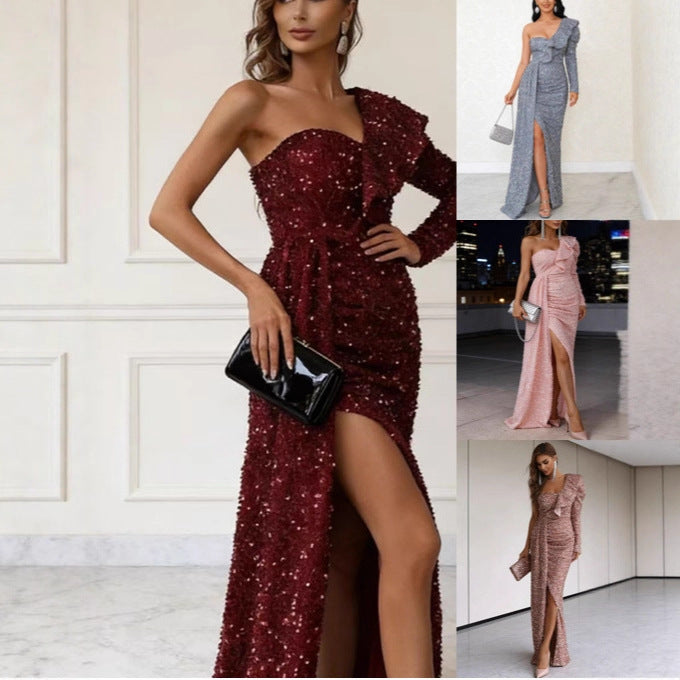 Kvinnors Glamourösa Aftonklänning med Asymmetrisk Skärning och Glittrande Paljetter-Eva Jonsson