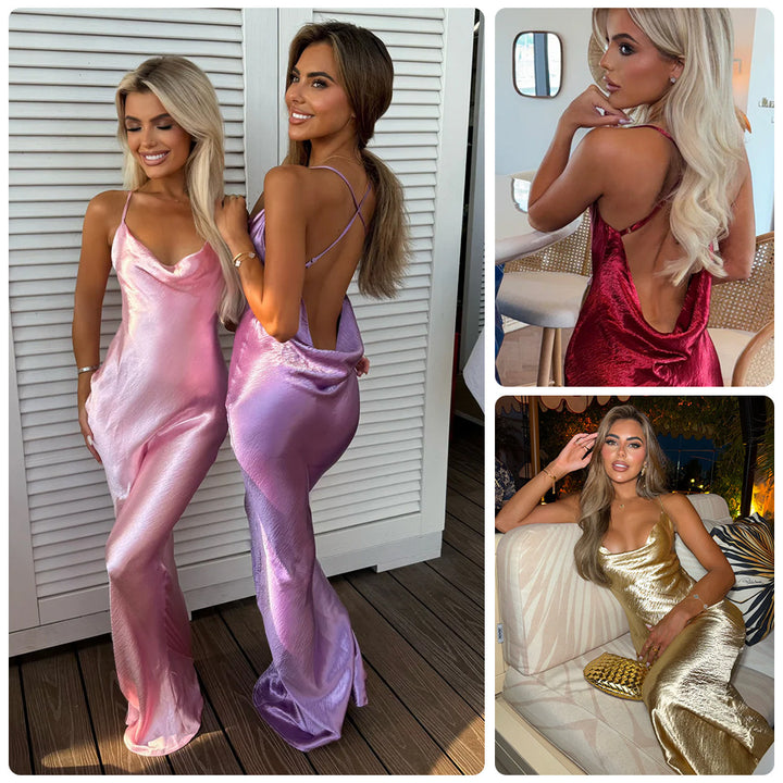 Kvinnors Glamourösa Aftonklänning med Glittrande Siden och Spaghettistövlar-Eva Jonsson