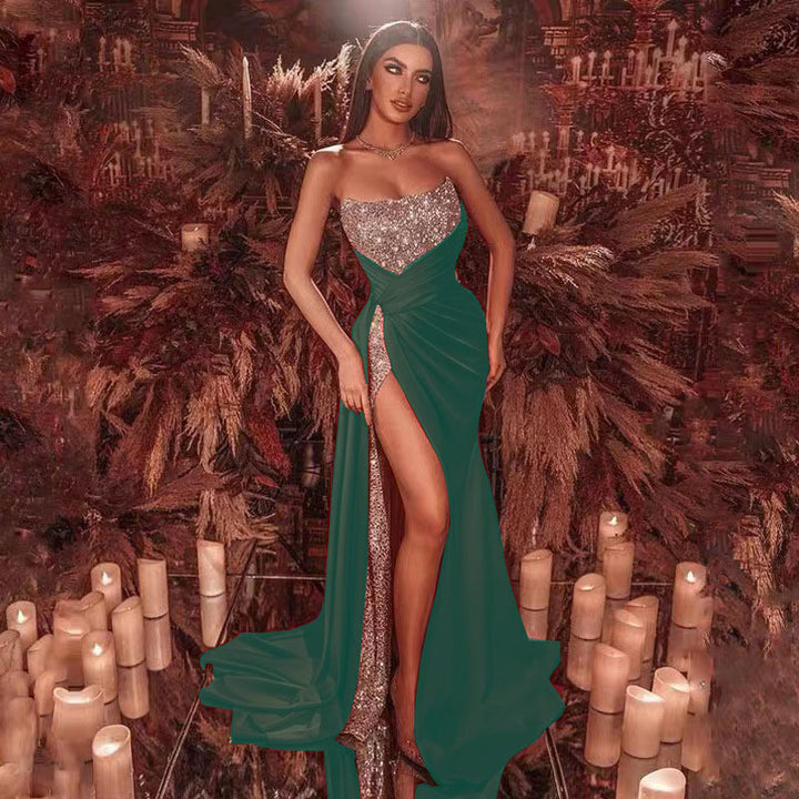 Kvinnors Glamourösa Maxiklänning med Glittrande Topp och Hög Slits-Eva Jonsson