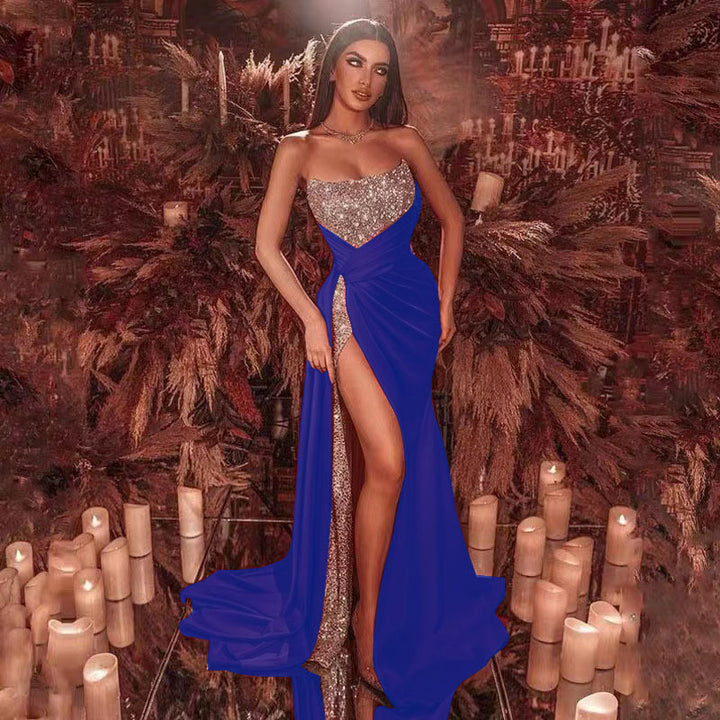 Kvinnors Glamourösa Maxiklänning med Glittrande Topp och Hög Slits-Eva Jonsson