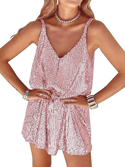 Kvinnors Glittrande Jumpsuit med Djup V-Hals och Elastisk Midja Mirla-Eva Jonsson