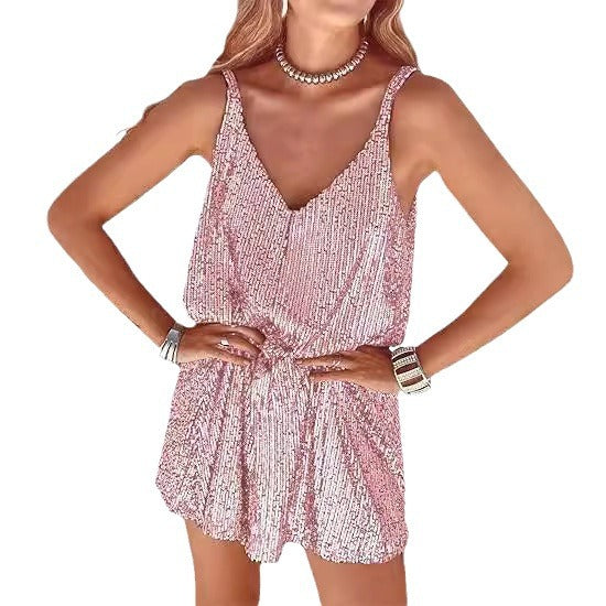 Kvinnors Glittrande Jumpsuit med Djup V-Hals och Elastisk Midja Mirla-Eva Jonsson