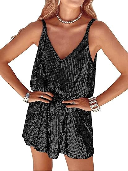 Kvinnors Glittrande Jumpsuit med Djup V-Hals och Elastisk Midja Mirla-Eva Jonsson