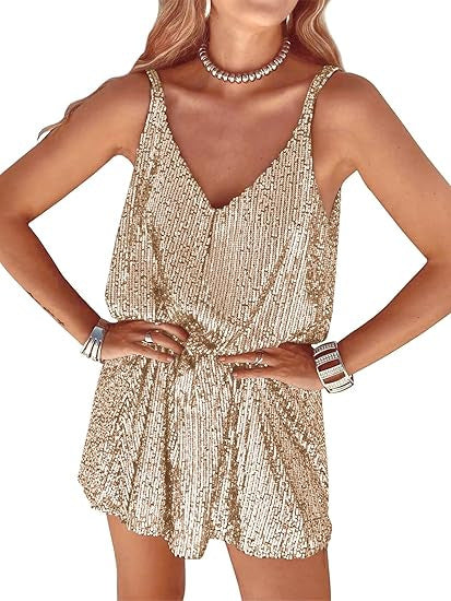 Kvinnors Glittrande Jumpsuit med Djup V-Hals och Elastisk Midja Mirla-Eva Jonsson