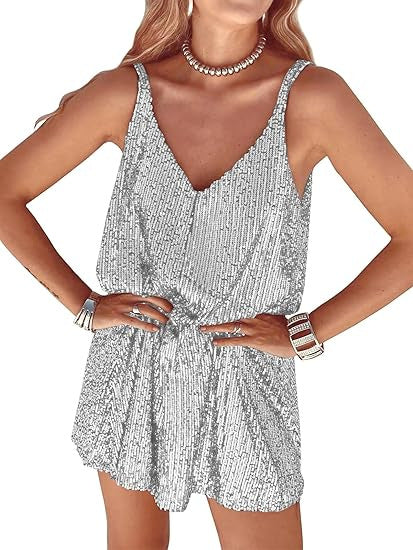Kvinnors Glittrande Jumpsuit med Djup V-Hals och Elastisk Midja Mirla-Eva Jonsson