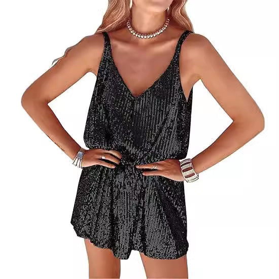 Kvinnors Glittrande Jumpsuit med Djup V-Hals och Elastisk Midja Mirla-Eva Jonsson