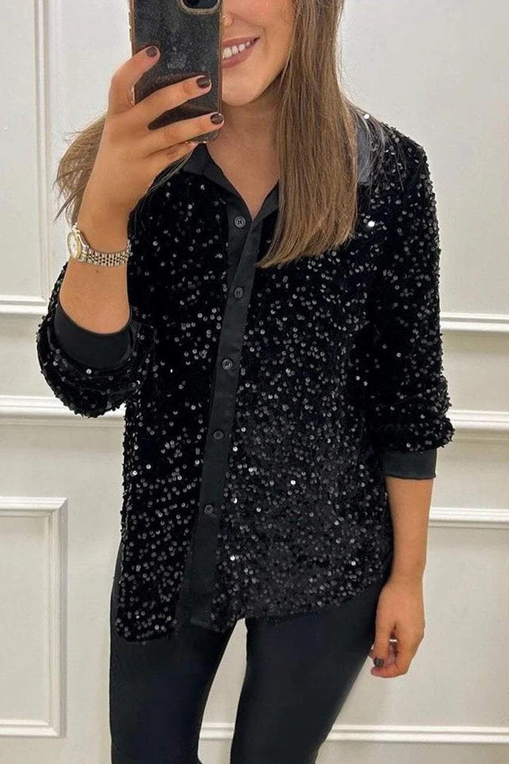 Kvinnors Glittrande Paillettblus med Klassisk Krage Mirla-Eva Jonsson
