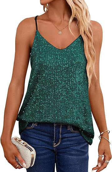 Kvinnors Glittrande Spagettibandstopp med V-hals och Glittrande Detaljer-Eva Jonsson