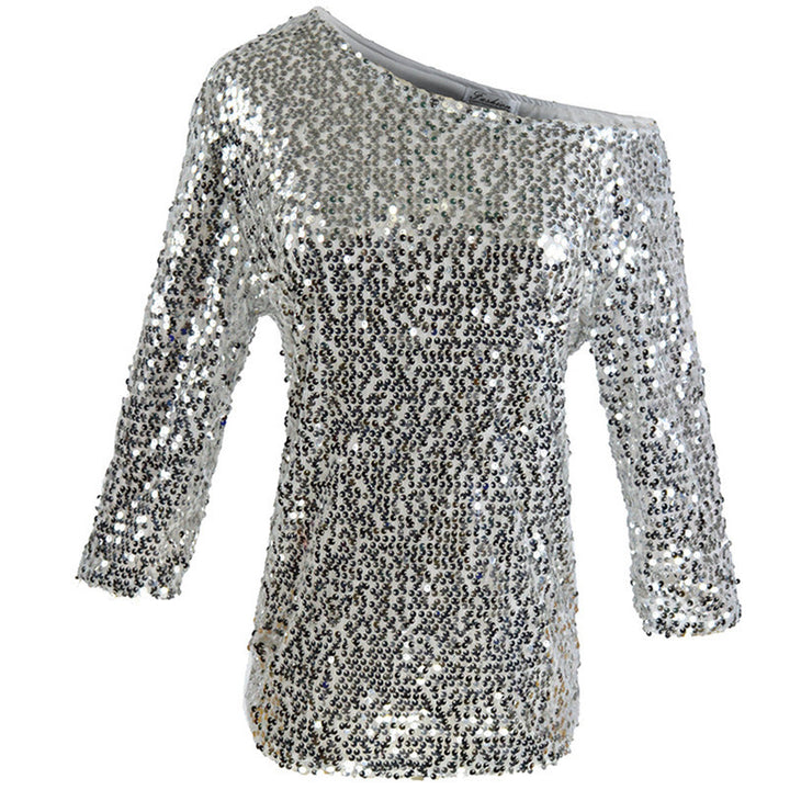 Kvinnors Glittrande Topp med Off-Shoulder Design och Paillettkanter-Eva Jonsson