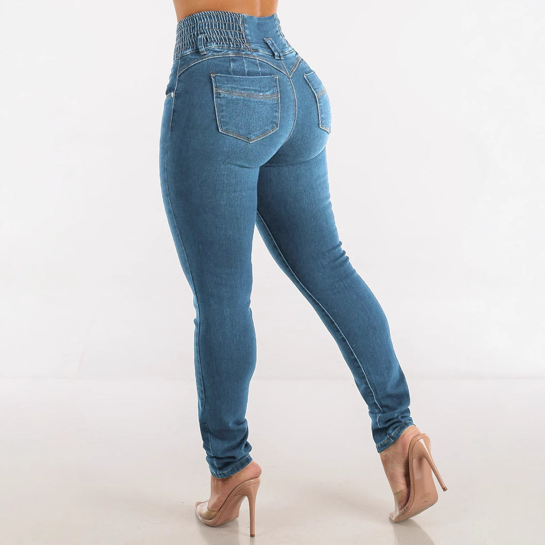Kvinnors Högmidjade Skinny Jeans med Elastisk Midja och Dekorativa Knappar Mirla-Eva Jonsson
