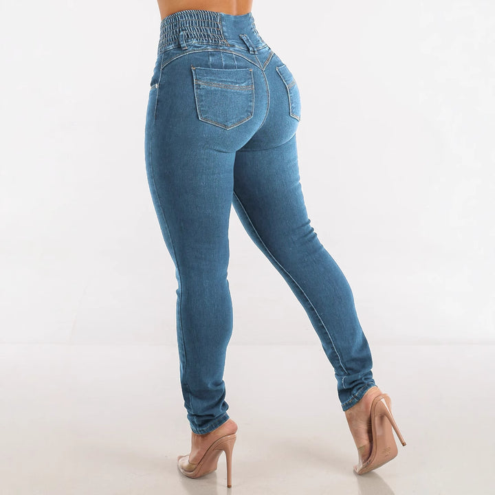 Kvinnors Högmidjade Skinny Jeans med Elastisk Midja och Dekorativa Knappar Mirla-Eva Jonsson