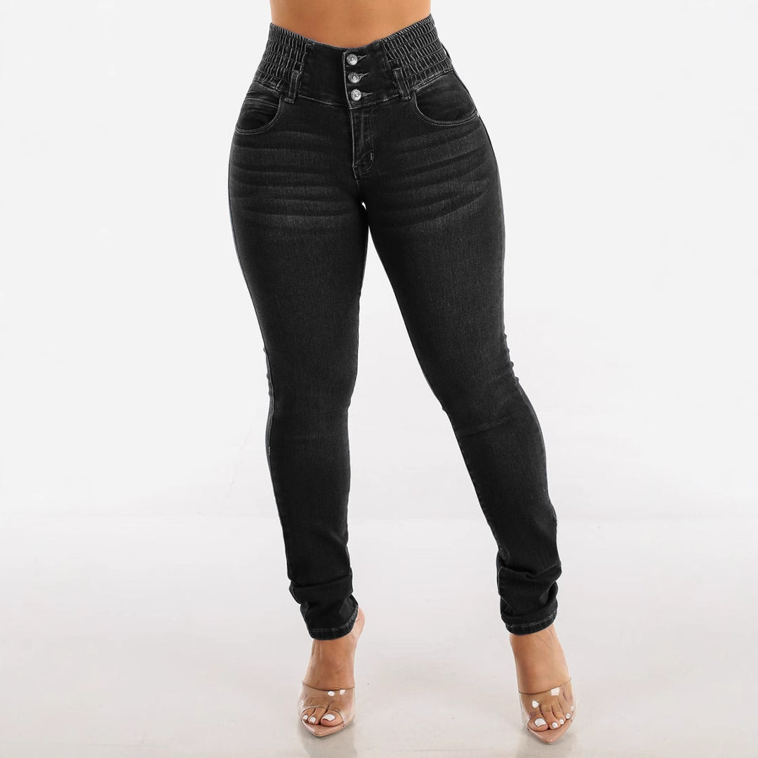 Kvinnors Högmidjade Skinny Jeans med Elastisk Midja och Dekorativa Knappar Mirla-Eva Jonsson