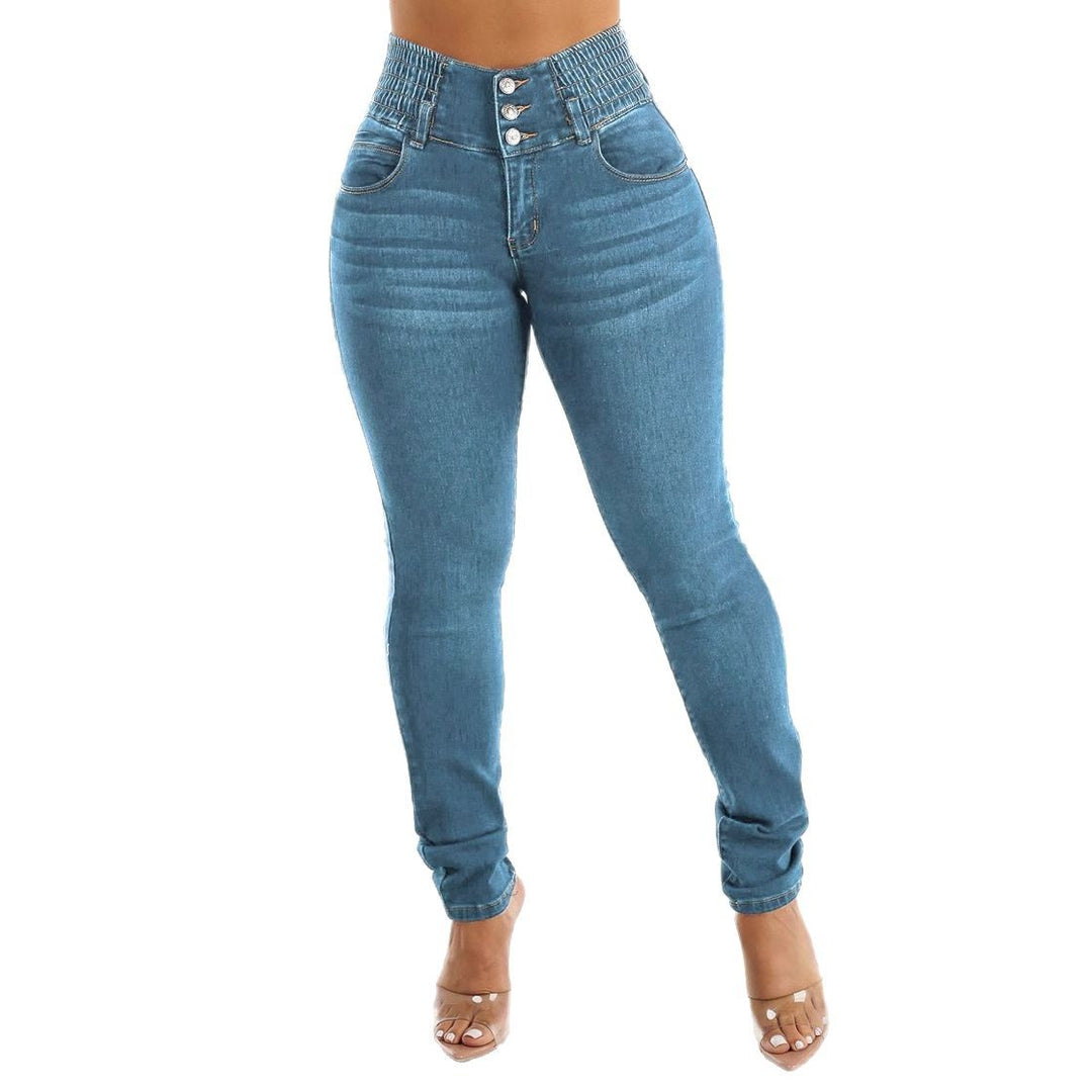 Kvinnors Högmidjade Skinny Jeans med Elastisk Midja och Dekorativa Knappar Mirla-Eva Jonsson