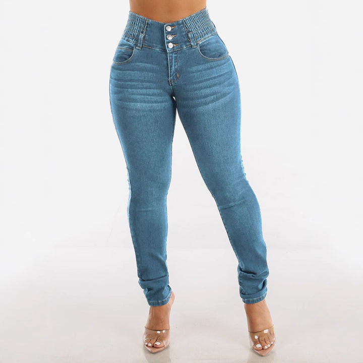 Kvinnors Högmidjade Skinny Jeans med Elastisk Midja och Dekorativa Knappar Mirla-Eva Jonsson