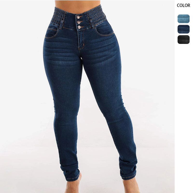 Kvinnors Högmidjade Skinny Jeans med Elastisk Midja och Dekorativa Knappar Mirla-Eva Jonsson