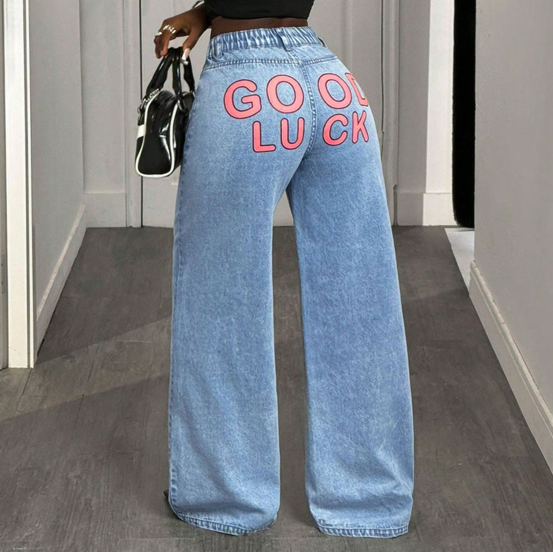 Kvinnors Högmidjade Vida Jeans med Utstickande Tryck Mirla-Eva Jonsson